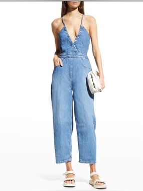 Ética Birdie Chambray Halter Straight-Leg Jumpsuit – Open Back Blue